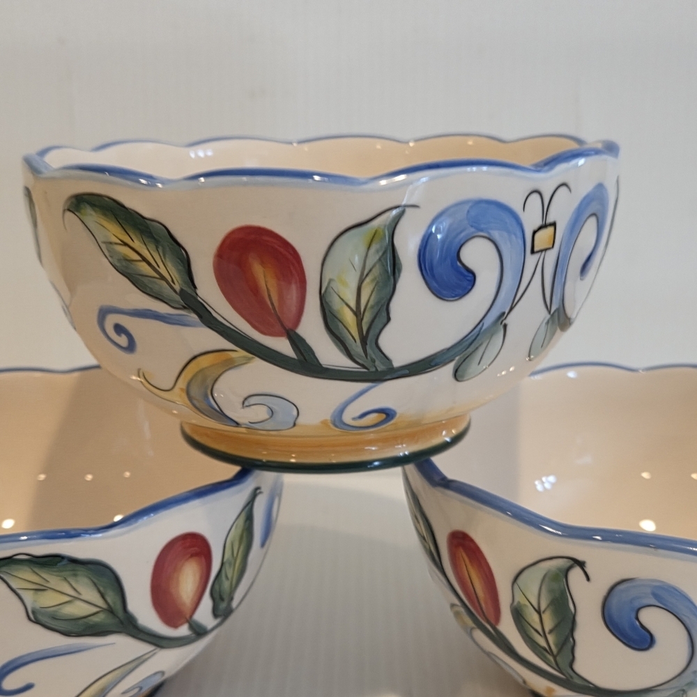 Fitz & Floyd Ricamo Scalloped Soup Salad Bowls Set of 3 Floral Vines 6.25in - Picture 3 of 15
